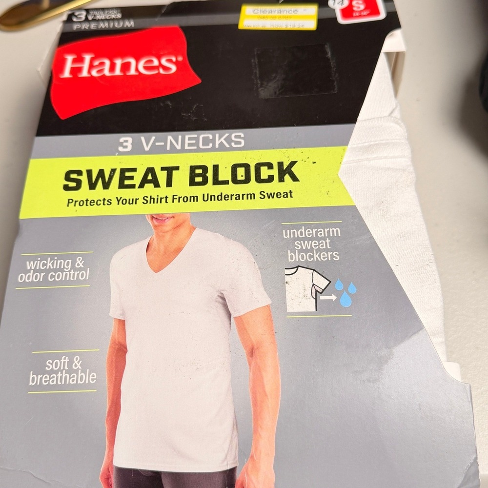 Hanes Mens Sweat Block V-Neck Undershirt S White Wicking Odor Control New Cotton
